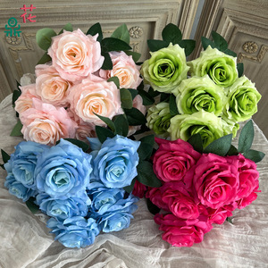 Bouquet de roses en soie, 9 têtes, style naturel fait main, décoration de mariage, fleurs artificielles pour arche et plafond, Chine - Product Image 1