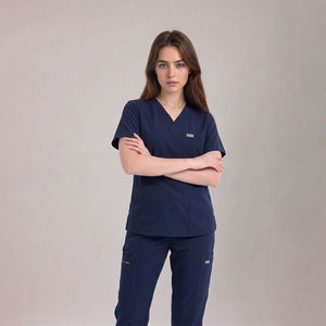 Ensembles de tenues médicales bleu marine : Haut à col en <span class=keywords><strong>V</strong></span> et pantalon jogger à taille élastique avec cordon de serrage et poches, en tissu polyester, rayonne et élasthanne - Product Image 2