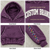 Sweat à capuche court 450 GSM délavé à l'acide avec imprimé graphique en strass, effet usé, découpes et poche kangourou, vente en gros usine