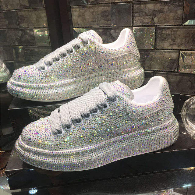 New 2023 Autumn Women Platform Shoes rhinestones Thick-soled White Silver Shoes Shining Crystal Sneakers Trend Casual Sneakers