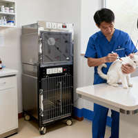 Jaula Doble Premium para Gatos de Acero Inoxidable 304 con Función de Cámara de Oxígeno para Hospital Veterinario