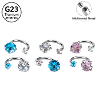 Cincin tindik titanium ASTM F136 bentuk U ganda CZ, ukuran M0.9, ulir dalam, untuk hidung, telinga, dan hiasan lobus telinga, perhiasan untuk pemakaian sehari-hari.