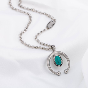 Geometric Turquoise Necklace <b>Titanium</b> Steel Circle Pendant Men's Ethnic Style Jewelry Fashion Beaded Necklaces - Product Image 4