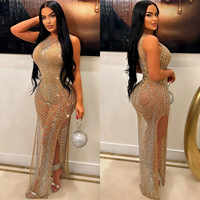 Nouvelles femmes Sexy robe de soirée sans manches col rond maille voir à travers la robe dame brillant strass fente Maxi robes