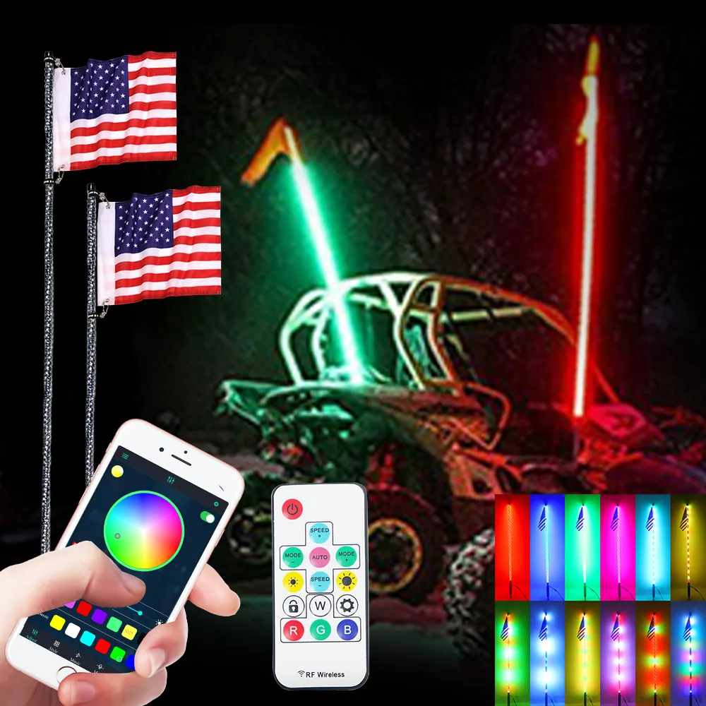 Flessibile LED RGB Color Chasing Whip Lamp 3/4/5 piedi per atv whip Lights 360 offroad antenna Light per atv UTV RZR