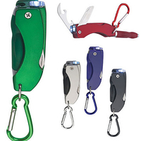 Stylo à bille multifonctionnel promotionnel personnalisé 5-en-1, couteau de poche pliable, ouvre-bouteille, lampe torche LED avec mousqueton