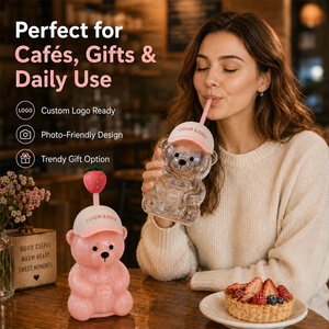 Bicchiere Personalizzato a Forma di Orso Fragola da 20oz, Riutilizzabile e Portatile, con Coperchio e Cannuccia per <span class=keywords><strong>Caffè</strong></span> Freddo - Product Image 5