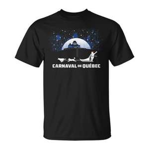 Camiseta del Carnaval de Invierno de Quebec con Diseño de Perro Tirando de Trineo y Muñeco de Nieve con Gorro Rojo y Cinta, Producto Promocional - Product Image 2