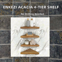 Étagère de douche d'angle triangulaire moderne à quatre niveaux en bois d'acacia, à fixation murale pour salle de bain, sans perçage requis