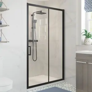 Puerta de ducha de vidrio corrediza de baño con marco de aluminio negro de alta calidad