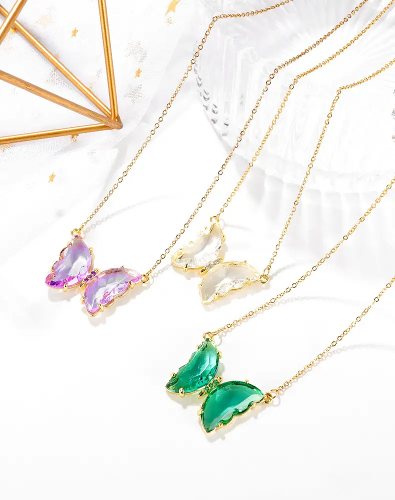 Hot Best Sale 2022 Most Popular Colorful Glass Charm Luxury Woman Statement Lady Collar Butterfly Pendant Necklace