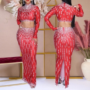 Women's Printed Two Piece Dress <b>Skirt</b> Long Sleeve Top Wrap Hip <b>Split</b> <b>Skirt</b> Party Set Fashion - Product Image 2