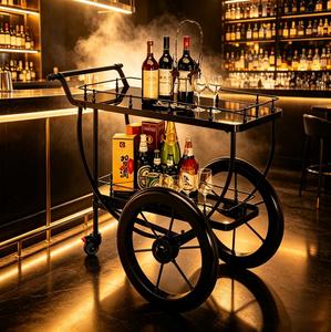 <span class=keywords><strong>Carrello</strong></span> Bar di Lusso a 2 Ripiani in Metallo Nero, Stile <span class=keywords><strong>Vintage</strong></span> con Grandi Ruote, <span class=keywords><strong>Carrello</strong></span> Mobile per Servizio Vini e Bevande per Hotel, Ristoranti e Bar - Product Image 4
