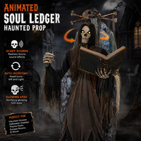 Squelette animatronique de la mort à l'âme de l'Halloween avec yeux LED, livre de sorts, son et mouvement, décoration pour maison hantée, en acier et plastique, rechargeable