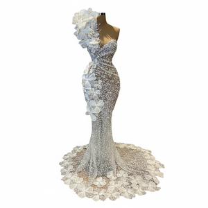 Diamond Floor-Length Evening Gown Short Sleeve Strapless Natural Waistline Mermaid Silhouette Rhinestone Pearl Flower Luxury - Product Image 2