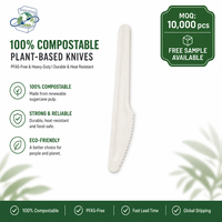 Couteau de table jetable en bagasse blanche robuste à bord dentelé, compostable, pour steak, viande et restauration