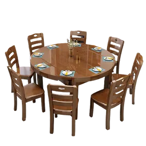 Modern Round Solid Wood Retractable Dining Table With Double Drop Leaf For Kitchen Or Home Use Featuring Stylish Design 6 Seats