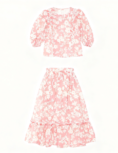 Completo Estivo Casual per Ragazze Adolescenti di 6 Anni, Camicia Bianca Senza Maniche Ecologica con Stampa Floreale e Volant Rosa - Product Image 1