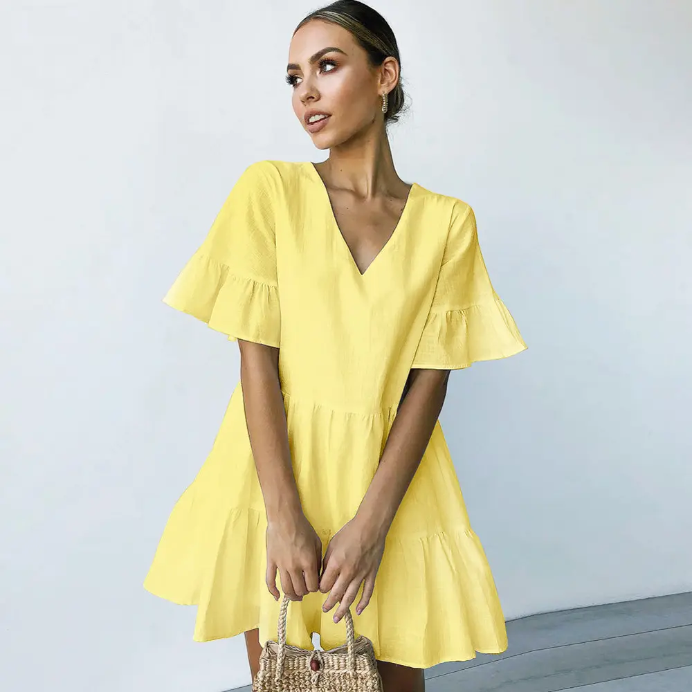 Allure women Cute Shift Dress with Pockets Bell Sleeve Ruffle Hem V Neck Loose Swing Tunic Mini England style Dress