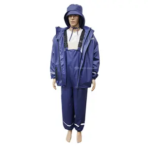 Custom PU Raincoat Men's Work Utility Outerwear Rubber Polyurethane Rain Suit with Stretch Jacket and Bib Pants