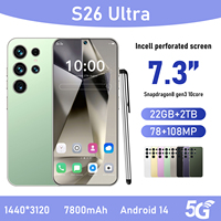 Smartphones S26 Ultra 22 Go + 2 To 5G Double SIM 108 MP Arrière HD 7,3 Pouces Android 14 100 W Reconnaissance Faciale Deca Core Français