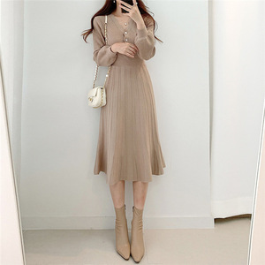 Mùa thu của phụ nữ giản dị A-<span class=keywords><strong>line</strong></span> Midi Dress với tay áo dài v-cổ nút thiết kế màu sắc rắn pháp vải dệt kim - Product Image 5