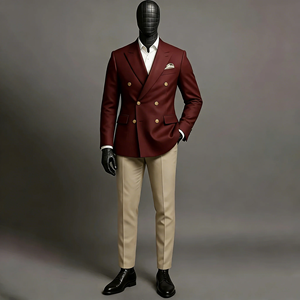 Costumes de mariage pour homme, ensembles complets de luxe, 2 pièces, veste bordeaux, pantalon <span class=keywords><strong>kaki</strong></span>, double boutonnage, revers en pointe, sur mesure, blazer - Product Image 1