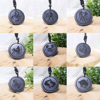 Pendentif en shungite sculpté à la main, douze constellations, plaque ronde, vintage, élégant, minimaliste, spirituel, bijou pour clavicule