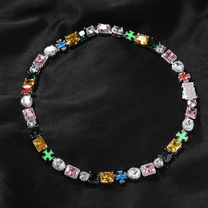 Hip Hop 10mm exquisito templario diamantes multicolores esmalte Cruz mezcla de piedras preciosas racimo colorido cadena pulsera collar - Product Image 6
