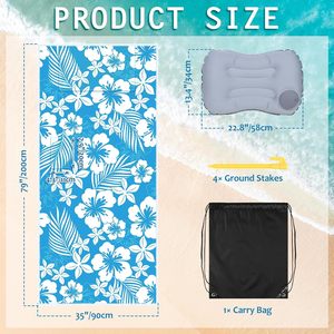 Tapis de plage imperméable en nylon à rayures 79x35 po avec oreiller gonflable détachable, tapis anti-sable, ensemble de 4 piquets et sac de transport - Product Image 2