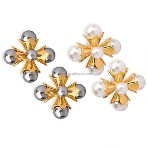 Wholesale Custom Fine Earrings Fashion Jewelry 18K Gold Plated Brass Cross Imitation Pearl Flowers Stud Earrings For Women