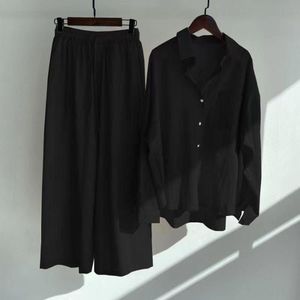 Completo da donna autunno/inverno <span class=keywords><strong>taglie</strong></span> forti in cotone e lino tinta unita, con camicia e <span class=keywords><strong>pantaloni</strong></span> a vita alta larghi sopra il ginocchio - Popolare per il commercio transfrontaliero - Product Image 3