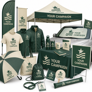 Lot de cadeaux promotionnels pour la sensibilisation électorale : Nappe personnalisée, drapeau, brochure, casquette, gobelet, badge pour événements communautaires - Product Image 1