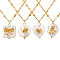 Collier tendance pour femme en acier inoxydable avec chaîne perlée, nœud et cœur plaqué or, imitation perle, idéal comme cadeau