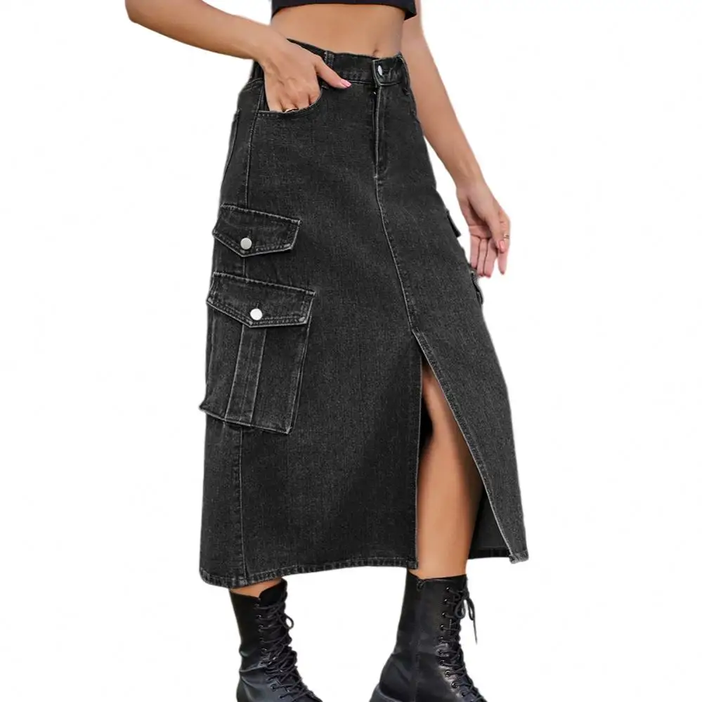 Новый дизайн, женская джинсовая юбка миди, трендовые длинные джинсовые юбки с карманами для дам