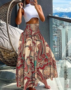 Women Maxi <b>Skirt</b> High Waist Wide <b>Elastic</b> Waist A-Line Retro Printed <b>Skirt</b> Summer Loose Fit Long <b>Skirt</b> - Product Image 4