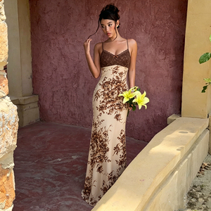 Vestido Largo de Mujer con Tirantes Finos de Encaje, Estampado Floral Marrón, Cuello en V, Verano, Casual, Elegante, Nuevo Estilo 2026 - Product Image 1