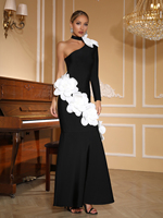 Robe de Soirée de Luxe Asymétrique Noire Coupe Trapèze à Bandages avec Fleurs Blanches pour Femme