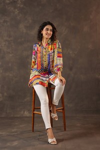 Buy Multicolor <b>Patchwork</b> Print Button Front Tunic <b>Shirt</b> Relaxed Fit Balloon Sleeve Designer Fashion Dress - Product Image 5