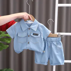주머니와 반바지가있는 유아 키즈 셔츠 2 피스 블루 일반 색상 면 세트 셔츠와 소년을위한 짧은 바지