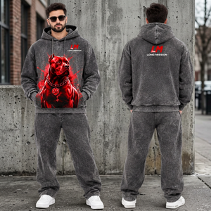 Survêtement gris à capuche pour homme Long Mission, 100 % coton respirant, manches longues, motif chien uni, streetwear, tenue décontractée d'hiver - Product Image 1