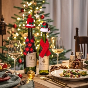 Christmas <b>Scarf</b> and <b>Hat</b> Two Piece Set Wine Bottle Cover Decor for Hotel Restaurant Holiday Party Decoration and Festive Display - Product Image 3