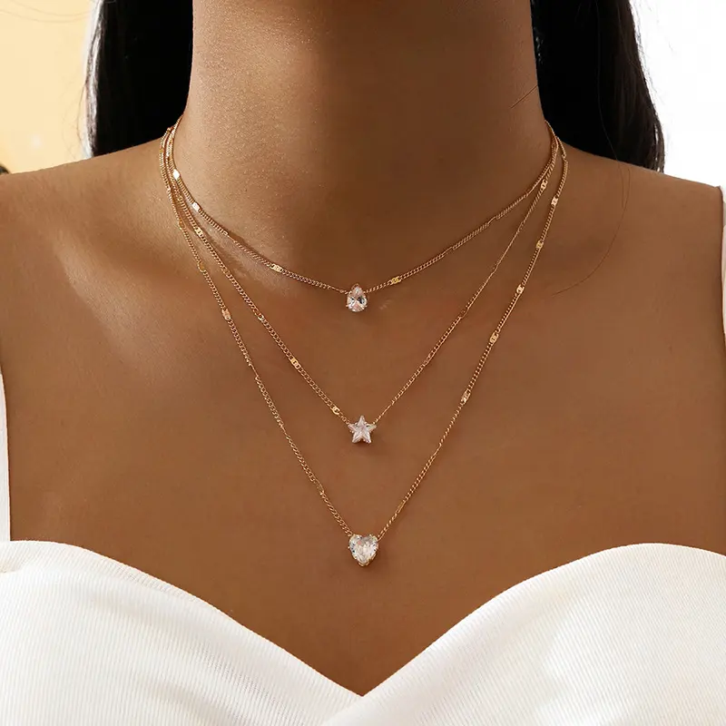 Fashion Crystal Heart Star Charm Pendant Necklace Layered Pendant Rhinestone Charm Choker Necklace