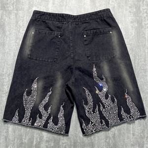 Shorts baggy de luxe à bords bruts et délavés, streetwear d'été, shorts en coton à lavage acide, pantalons, strass, shorts de sport pour hommes - Product Image 2