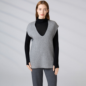 OEM ODM Custom Logo Loose Fit <b>Pullover</b> Fall Winter Layering Women Wool Blend Sleeveless <b>Sweater</b> V Neck Ribbed Knit Vest - Product Image 1