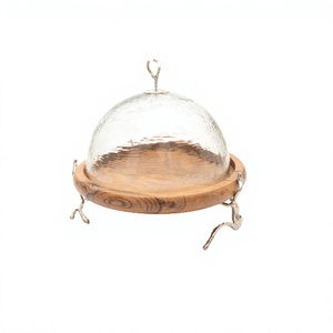 Support de service alimentaire en bois avec dôme en verre, fait main, forme ronde, pour servir des en-cas et des dattes, par Home Arts - Product Image 1