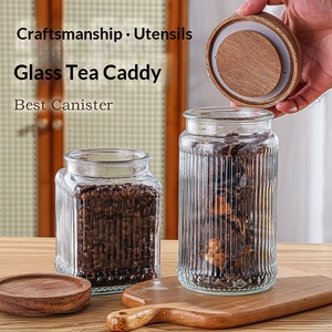 Bocaux en verre côtelé vintage avec couvercle en bois d'acacia, récipients hermétiques pour le thé, le café, les pâtes, les épices, le rangement de cuisine - Product Image 3