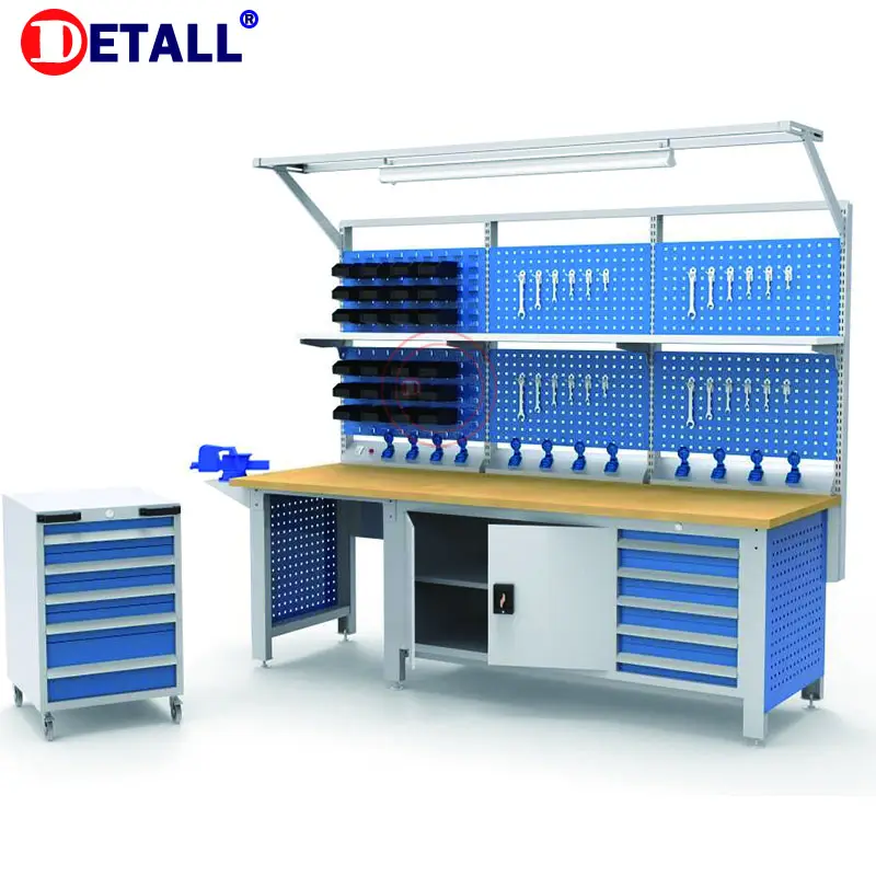 Detall industrial heavy duty garage lab workbench with rubber mat top