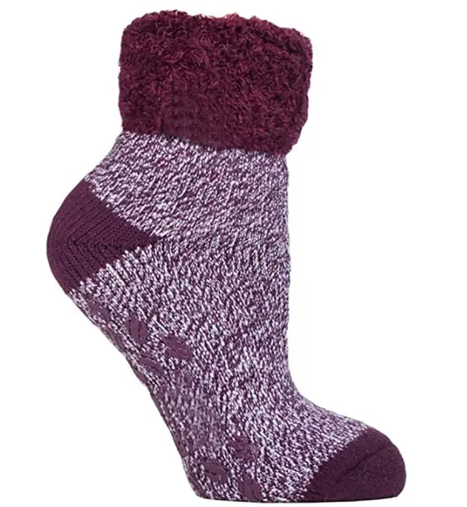 TA24182 alta calidad barato al por mayor mujeres púrpura calor salón térmico antideslizante cama calcetines con agarre