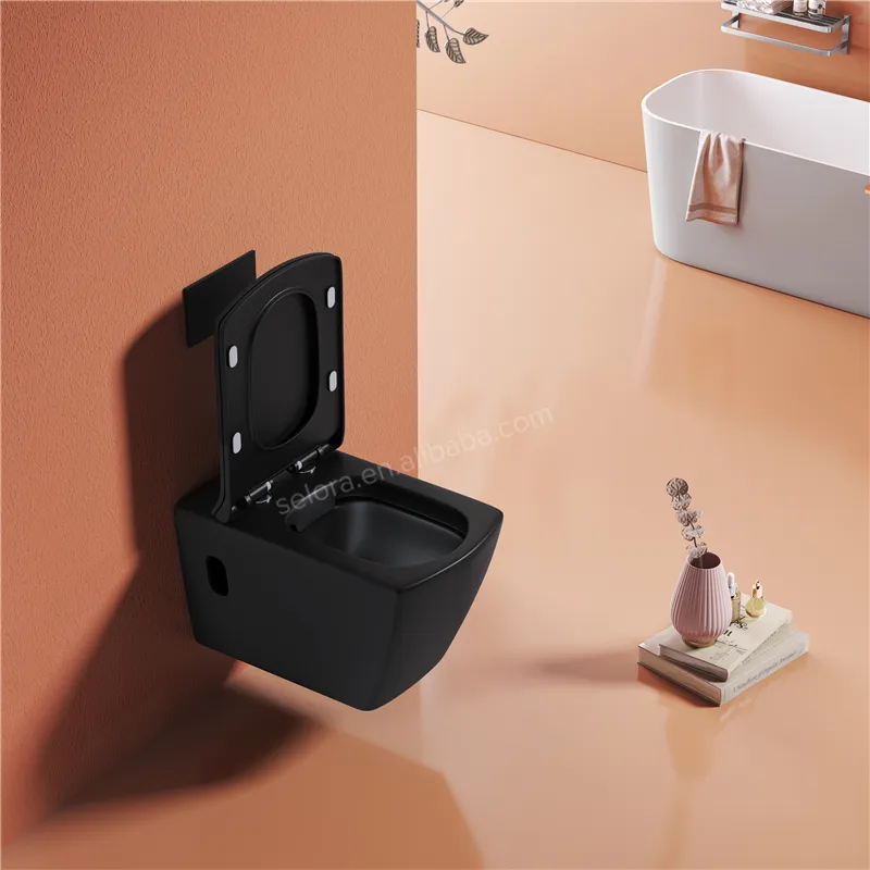 यूरोपीय rimless वर्ग होटल सिरेमिक वापस करने के लिए दीवार घुड़सवार फांसी डब्ल्यूसी बाथरूम मैट काले दीवार लटका शौचालय